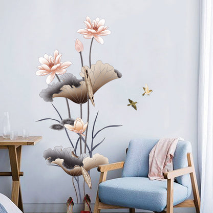 Chinese Style Lotus Flower Wallpaper Self-adhesive Living Room Decor