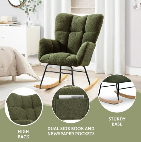 Teddy Fabric Rocking Chair, Modern Rocking Accent Chair For Nursery, Living Room, Bedroom, Deep Green